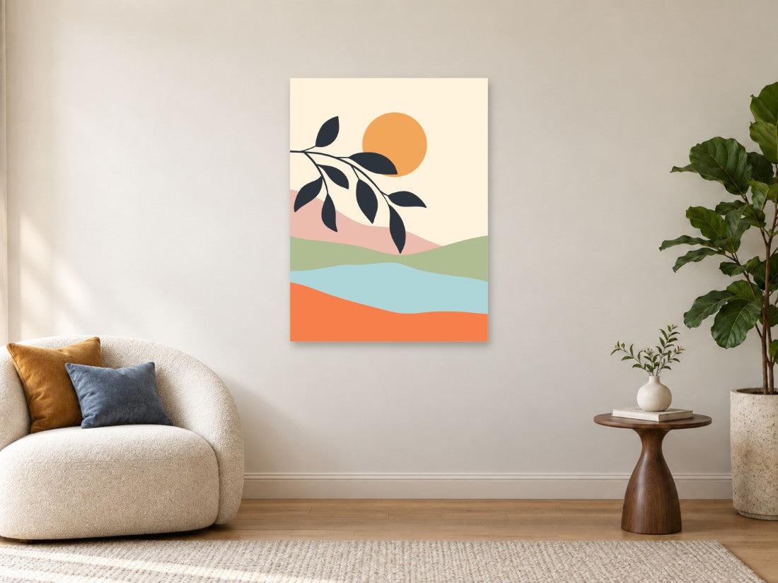 Sunce i tamna grana nad raznobojnim brežuljcima — Velika 75 × 100 cm, prikaz slike na zidu u enterijeru.