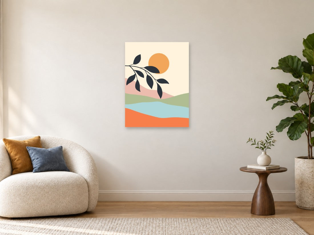 Sunce i tamna grana nad raznobojnim brežuljcima — Srednja 60 × 80 cm, prikaz slike na zidu u enterijeru.