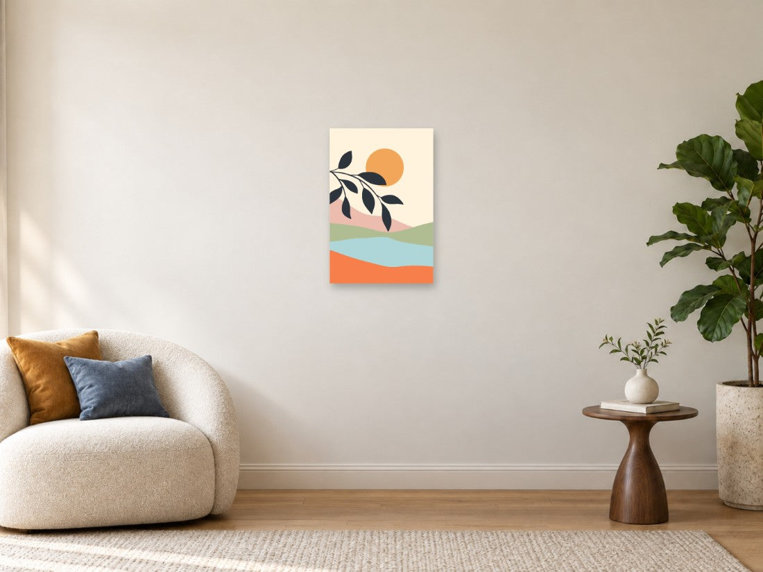 Sunce i tamna grana nad raznobojnim brežuljcima — Mala 40 × 60 cm, prikaz slike na zidu u enterijeru.
