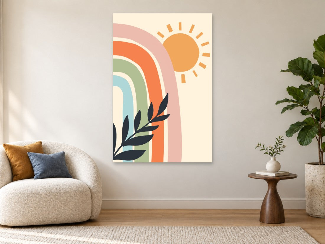 Pastelna duga uz zlatno sunce i tamnu grančicu — Premium 90 × 135 cm, prikaz slike na zidu u enterijeru.