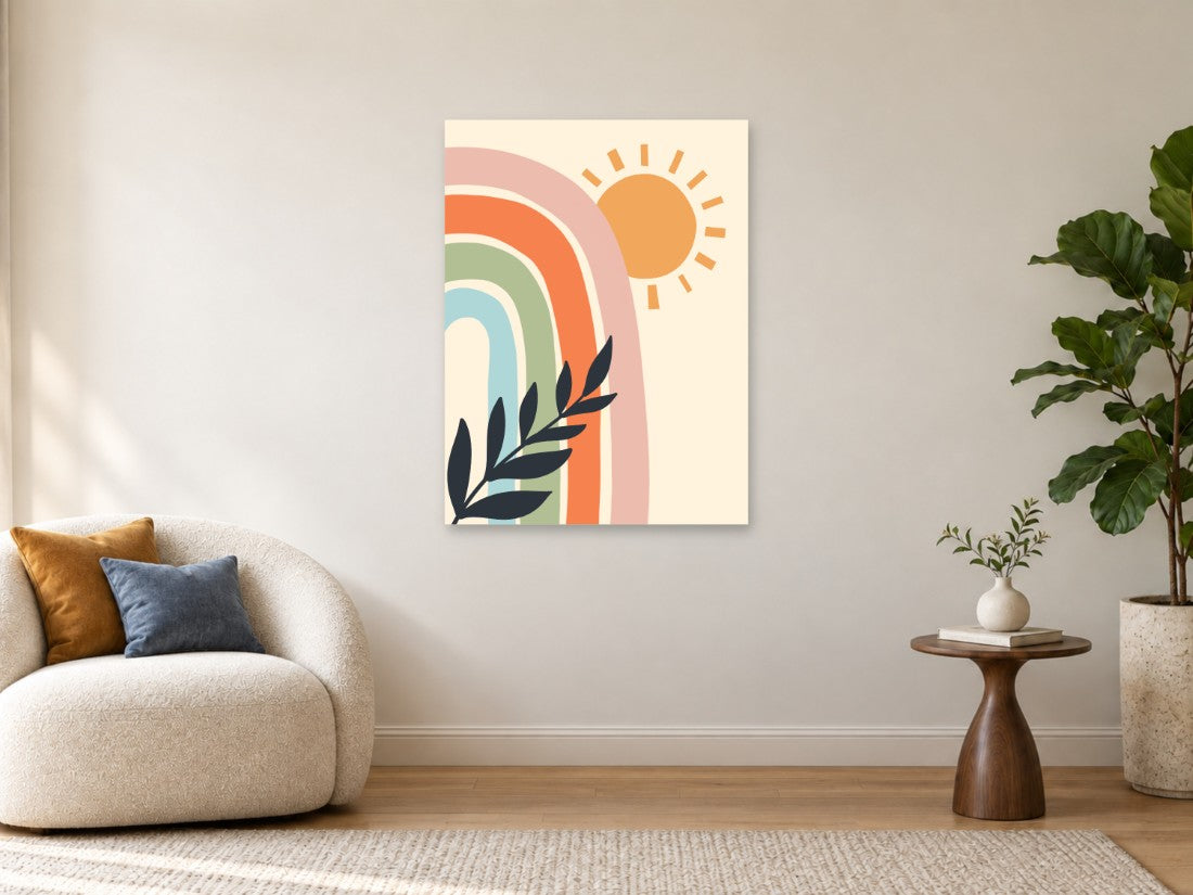 Pastelna duga uz zlatno sunce i tamnu grančicu — Velika 75 × 100 cm, prikaz slike na zidu u enterijeru.