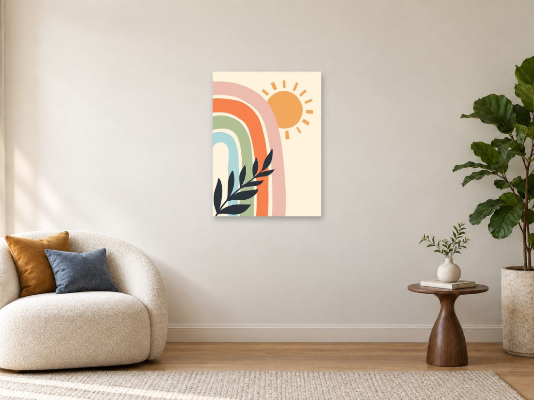 Pastelna duga uz zlatno sunce i tamnu grančicu — Srednja 60 × 80 cm, prikaz slike na zidu u enterijeru.
