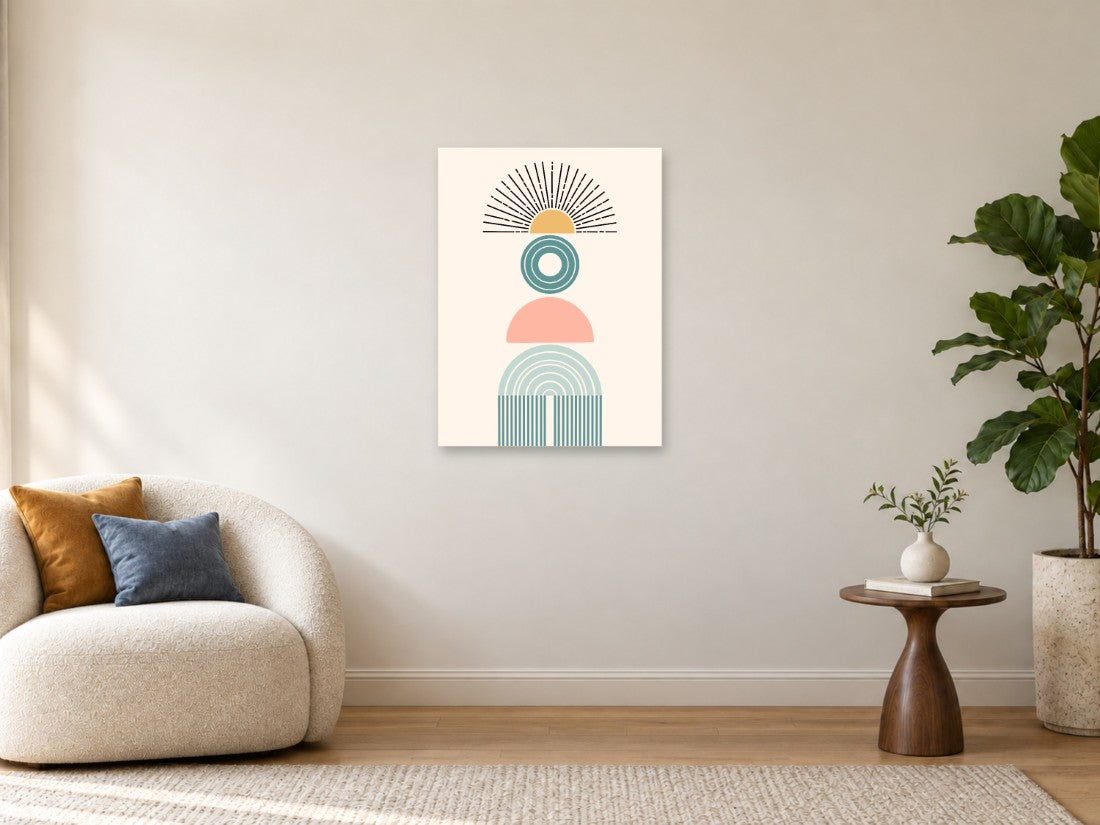 Zrakasto sunce, tirkizni krug i ružičasti polukrug — Srednja 60 × 80 cm, prikaz slike na zidu u enterijeru.