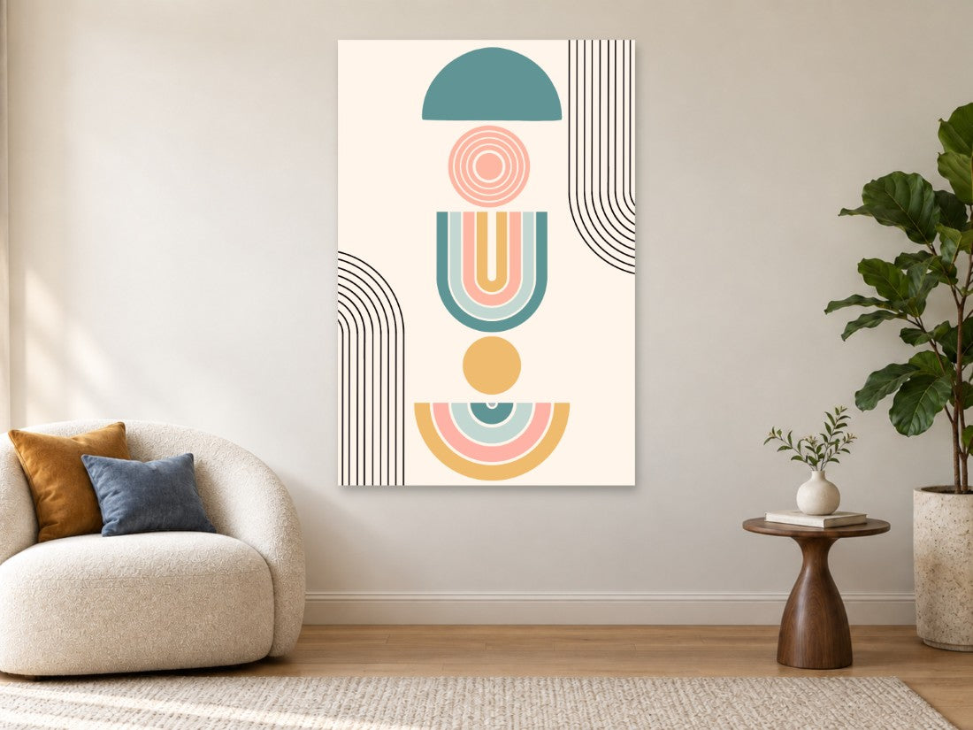 Tirkizni polukrugovi, ružičaste spirale i žuti detalji — Premium 90 × 135 cm, prikaz slike na zidu u enterijeru.