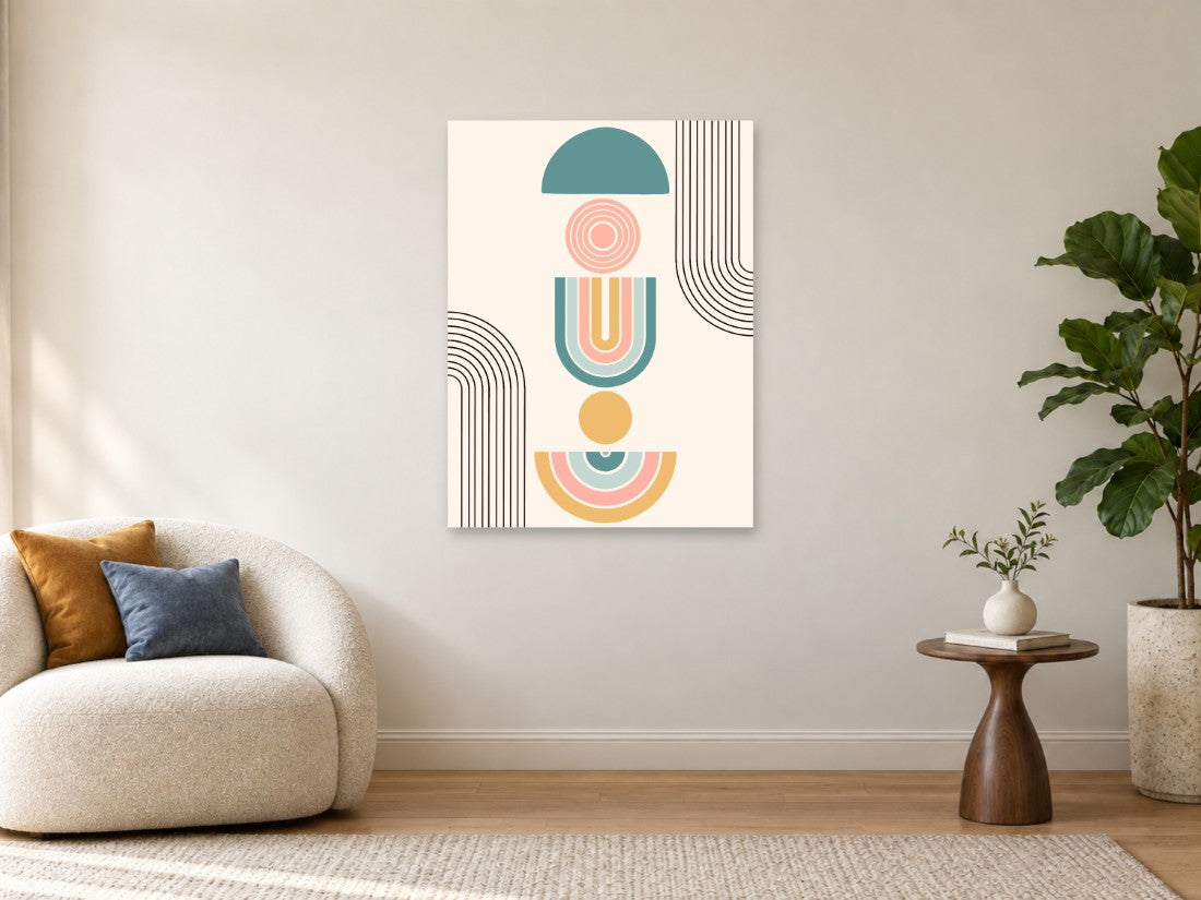 Tirkizni polukrugovi, ružičaste spirale i žuti detalji — Velika 75 × 100 cm, prikaz slike na zidu u enterijeru.