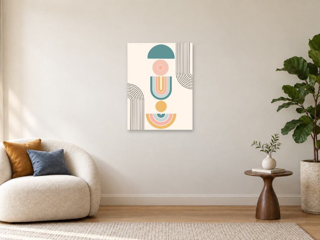 Tirkizni polukrugovi, ružičaste spirale i žuti detalji — Srednja 60 × 80 cm, prikaz slike na zidu u enterijeru.