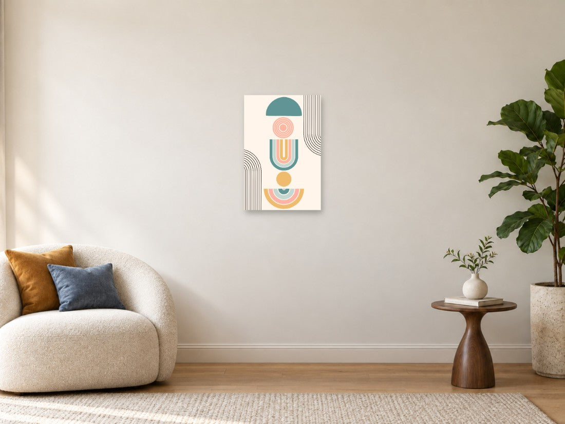 Tirkizni polukrugovi, ružičaste spirale i žuti detalji — Mala 40 × 60 cm, prikaz slike na zidu u enterijeru.