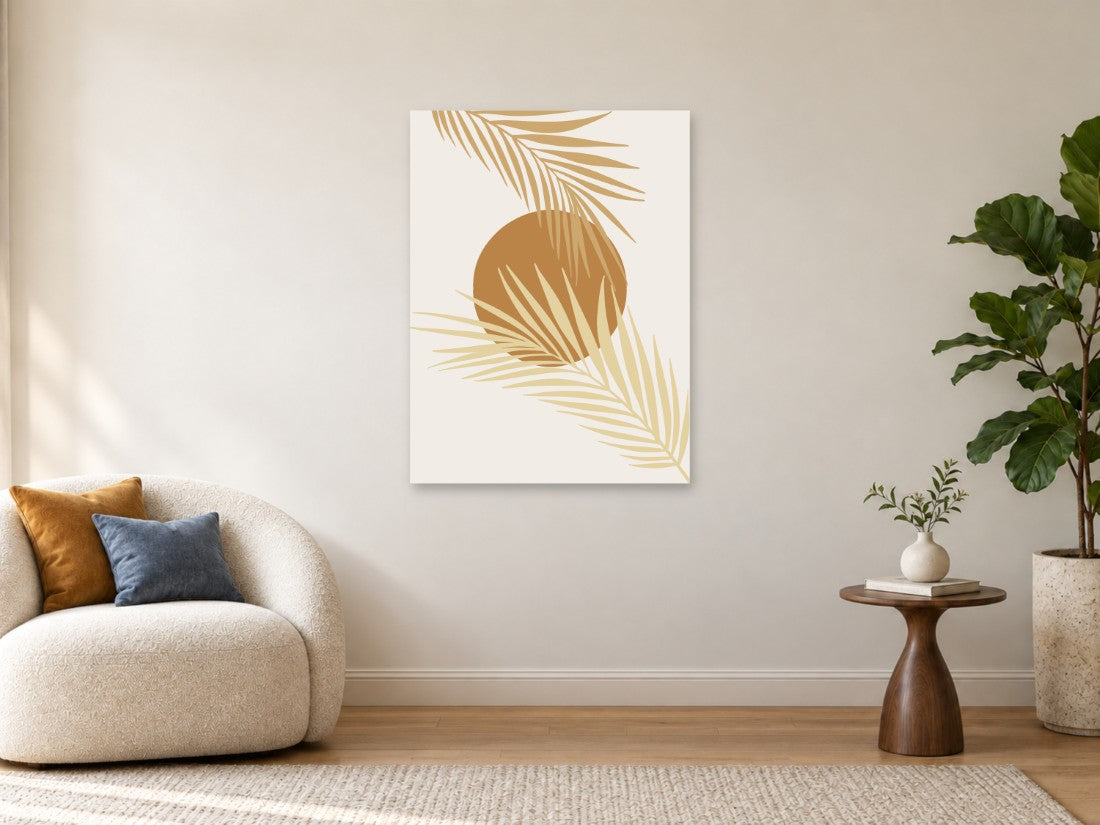 Zlatni palmini listovi uz oker krug na bijeloj podlozi — Velika 75 × 100 cm, prikaz slike na zidu u enterijeru.