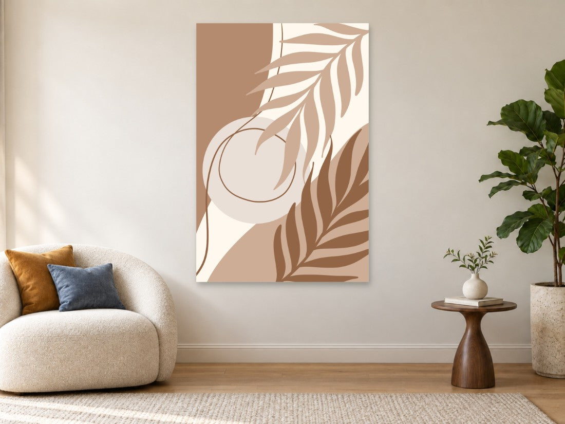 Bijele i smeđe grane preko pješčanih oblika — Premium 90 × 135 cm, prikaz slike na zidu u enterijeru.