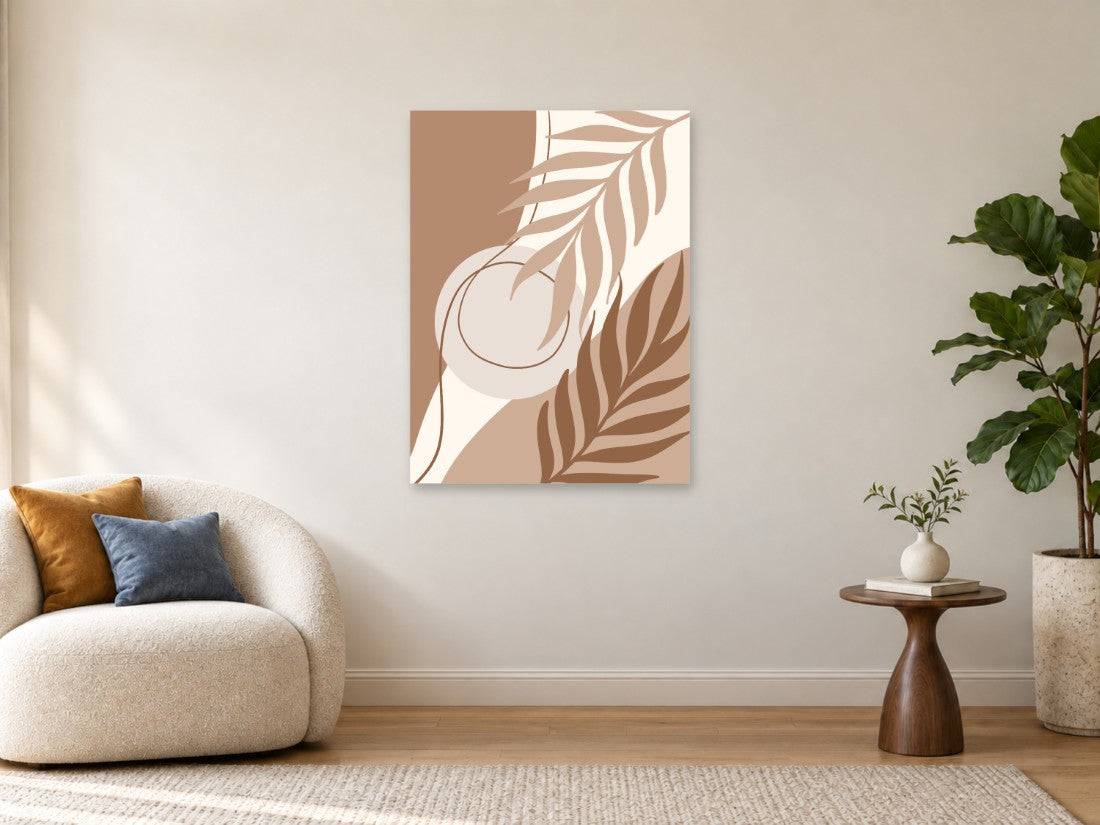 Bijele i smeđe grane preko pješčanih oblika — Velika 75 × 100 cm, prikaz slike na zidu u enterijeru.
