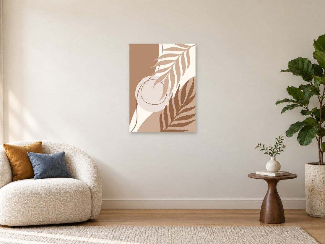 Bijele i smeđe grane preko pješčanih oblika — Srednja 60 × 80 cm, prikaz slike na zidu u enterijeru.