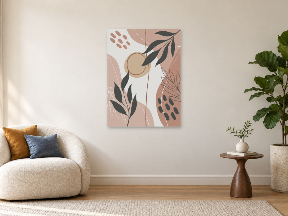 Sivi listovi i bež krug na nježnoj ružičastoj podlozi — Velika 75 × 100 cm, prikaz slike na zidu u enterijeru.