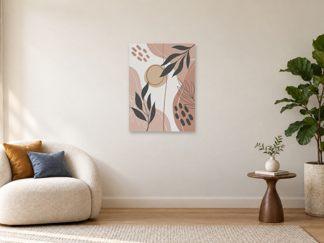Sivi listovi i bež krug na nježnoj ružičastoj podlozi — Srednja 60 × 80 cm, prikaz slike na zidu u enterijeru.