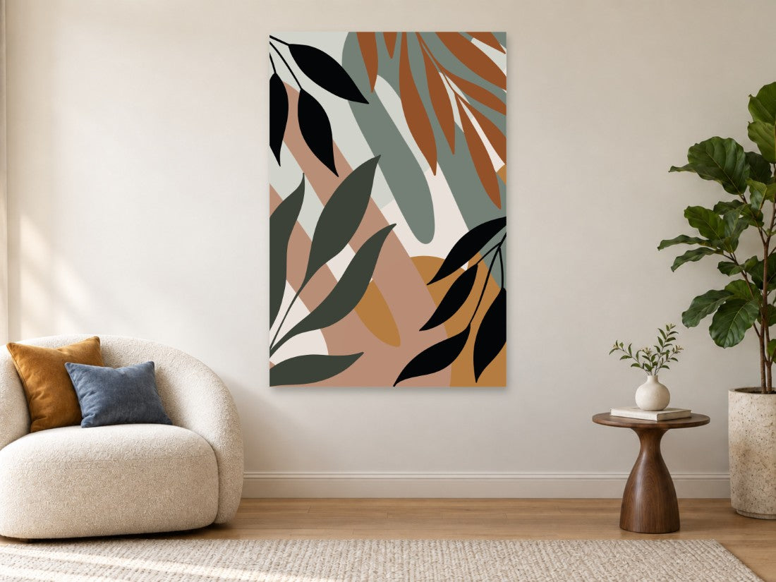 Crni i zeleni listovi među toplim smeđim plohama — Premium 90 × 135 cm, prikaz slike na zidu u enterijeru.