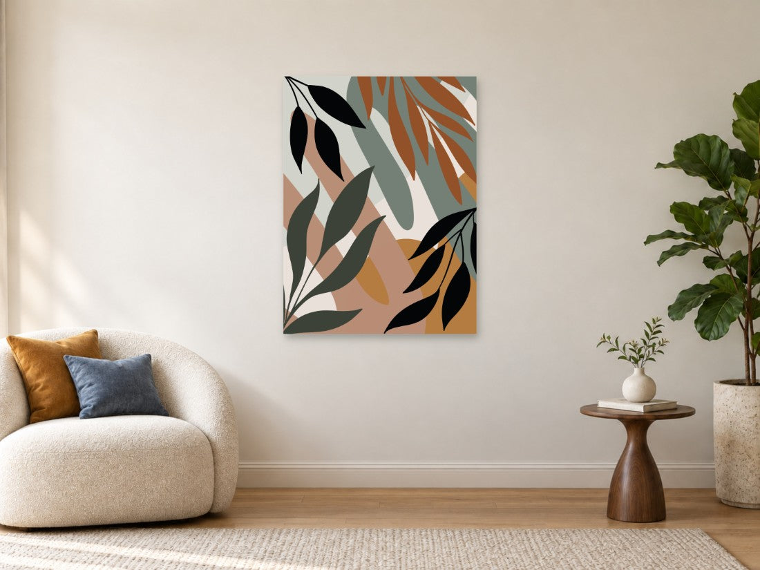 Crni i zeleni listovi među toplim smeđim plohama — Velika 75 × 100 cm, prikaz slike na zidu u enterijeru.