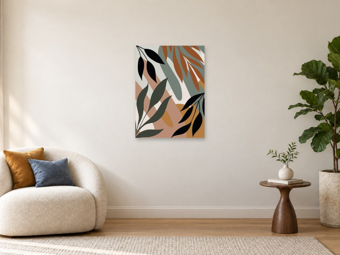 Crni i zeleni listovi među toplim smeđim plohama — Srednja 60 × 80 cm, prikaz slike na zidu u enterijeru.