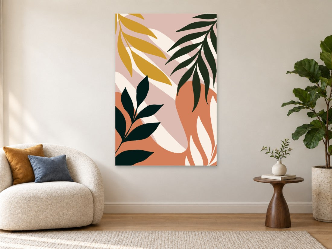 Zelene i žute grane na koralnoj i ružičastoj podlozi — Premium 90 × 135 cm, prikaz slike na zidu u enterijeru.
