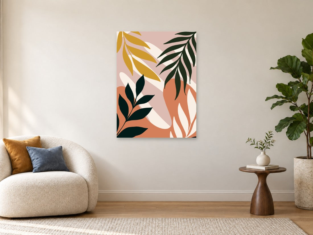 Zelene i žute grane na koralnoj i ružičastoj podlozi — Velika 75 × 100 cm, prikaz slike na zidu u enterijeru.