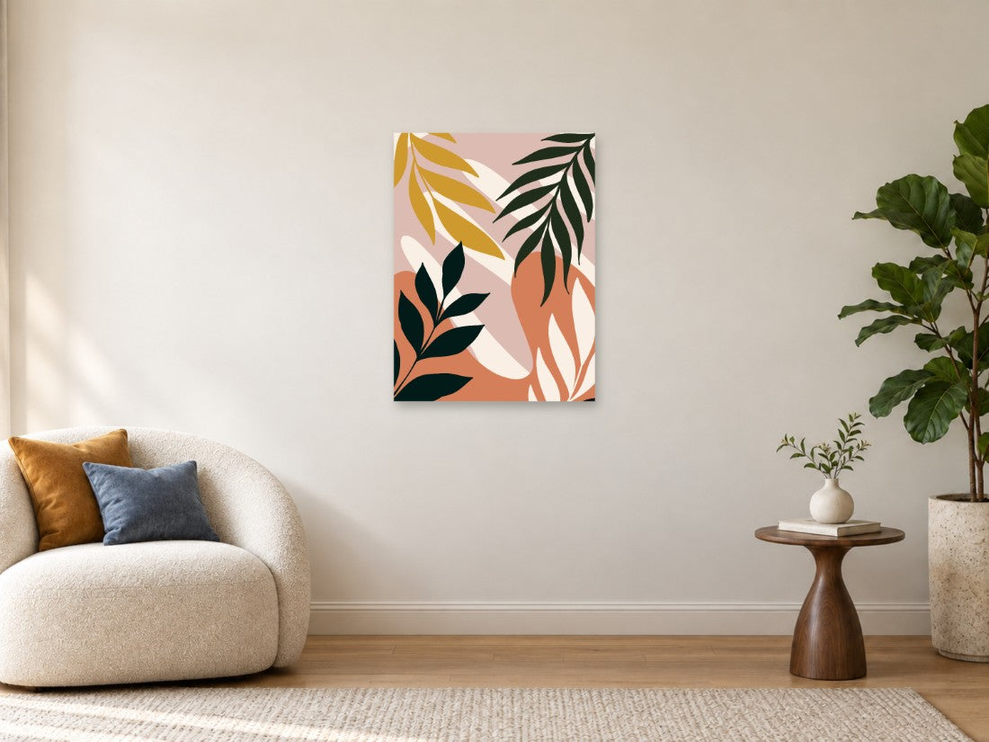 Zelene i žute grane na koralnoj i ružičastoj podlozi — Srednja 60 × 80 cm, prikaz slike na zidu u enterijeru.