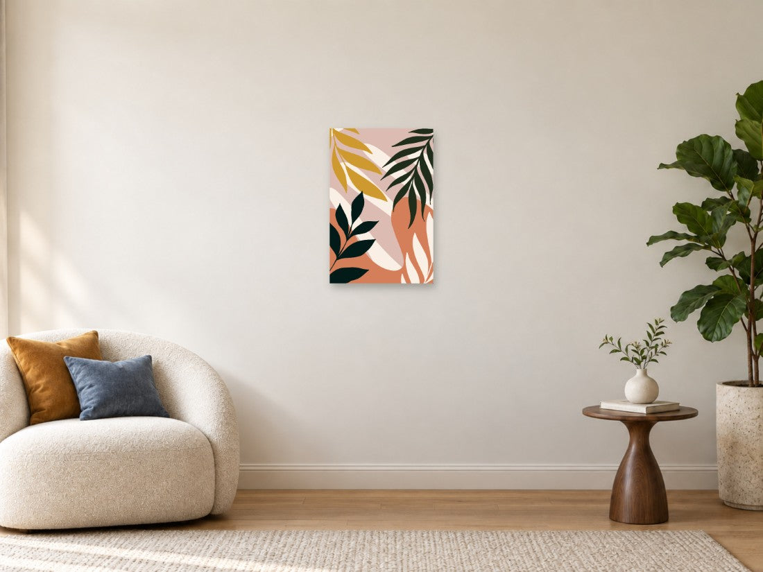 Zelene i žute grane na koralnoj i ružičastoj podlozi — Mala 40 × 60 cm, prikaz slike na zidu u enterijeru.
