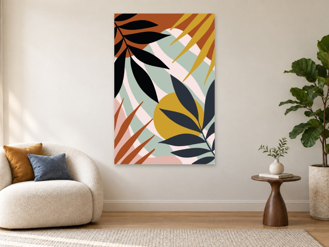 Crno tropsko lišće među oker i koralnim plohama — Premium 90 × 135 cm, prikaz slike na zidu u enterijeru.