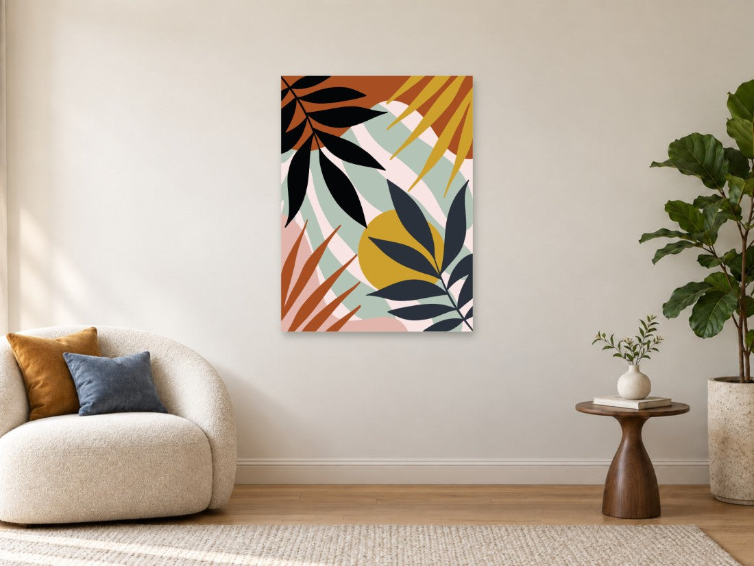 Crno tropsko lišće među oker i koralnim plohama — Velika 75 × 100 cm, prikaz slike na zidu u enterijeru.