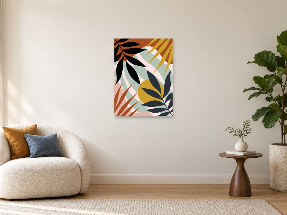 Crno tropsko lišće među oker i koralnim plohama — Srednja 60 × 80 cm, prikaz slike na zidu u enterijeru.