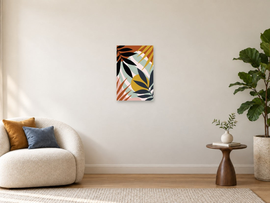 Crno tropsko lišće među oker i koralnim plohama — Mala 40 × 60 cm, prikaz slike na zidu u enterijeru.