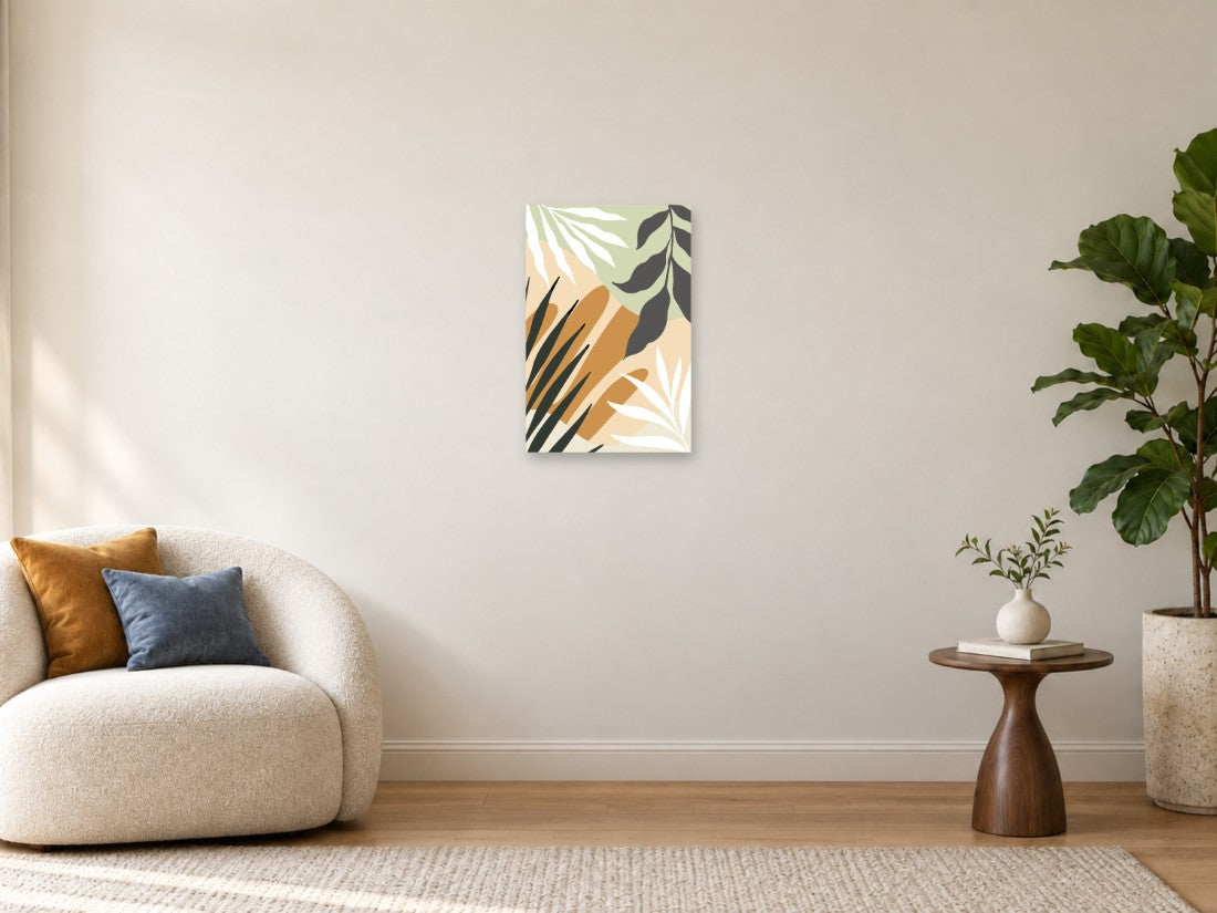 Bijele i zelene grane na blagoj oker pozadini — Mala 40 × 60 cm, prikaz slike na zidu u enterijeru.