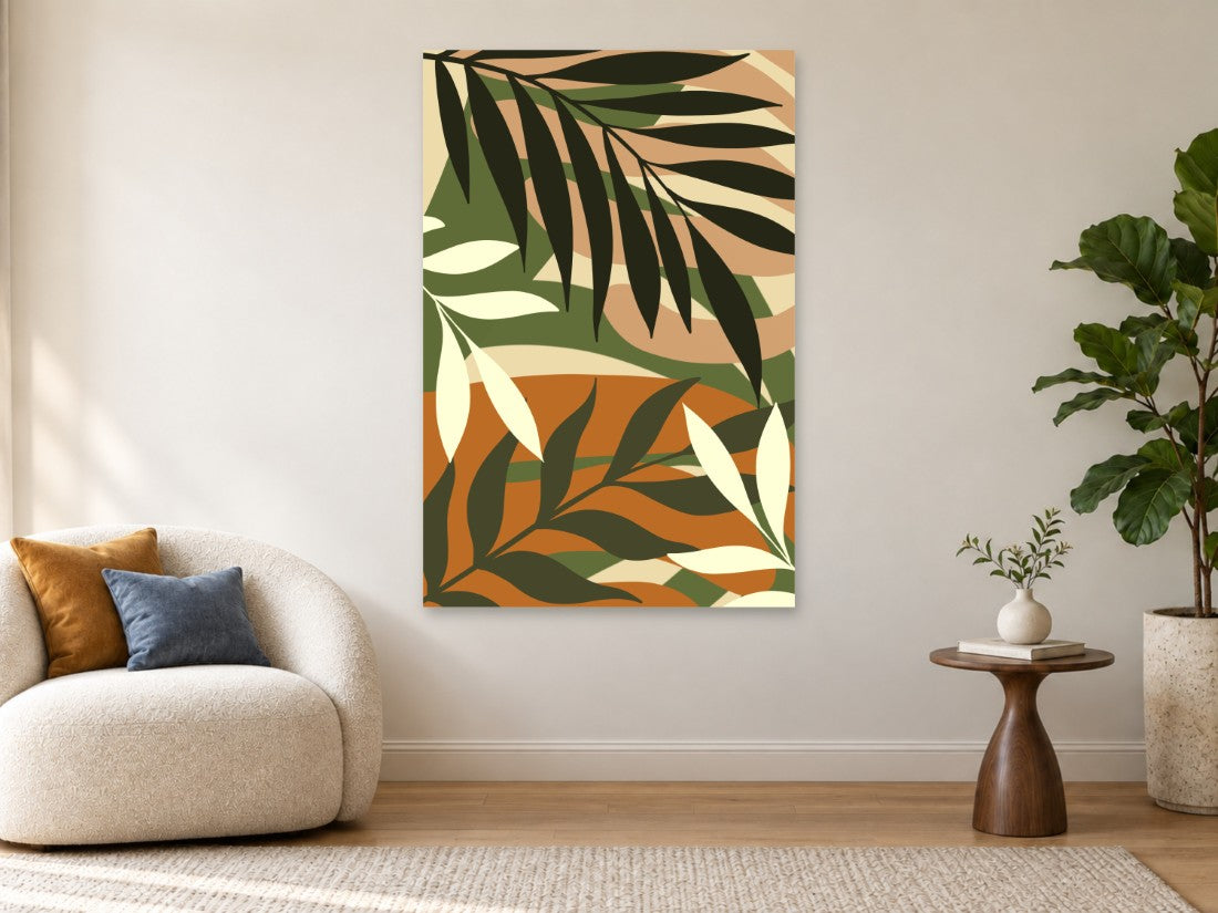 Zeleni palmini listovi preko narandžastih i krem ploha — Premium 90 × 135 cm, prikaz slike na zidu u enterijeru.