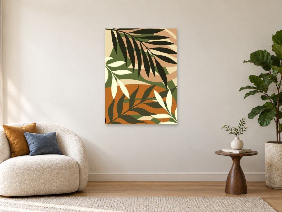 Zeleni palmini listovi preko narandžastih i krem ploha — Velika 75 × 100 cm, prikaz slike na zidu u enterijeru.