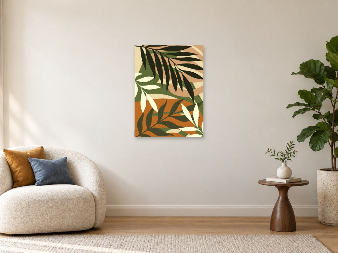 Zeleni palmini listovi preko narandžastih i krem ploha — Srednja 60 × 80 cm, prikaz slike na zidu u enterijeru.