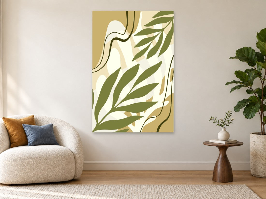 Maslinasti listovi i tanke krivulje na svijetloj podlozi — Premium 90 × 135 cm, prikaz slike na zidu u enterijeru.