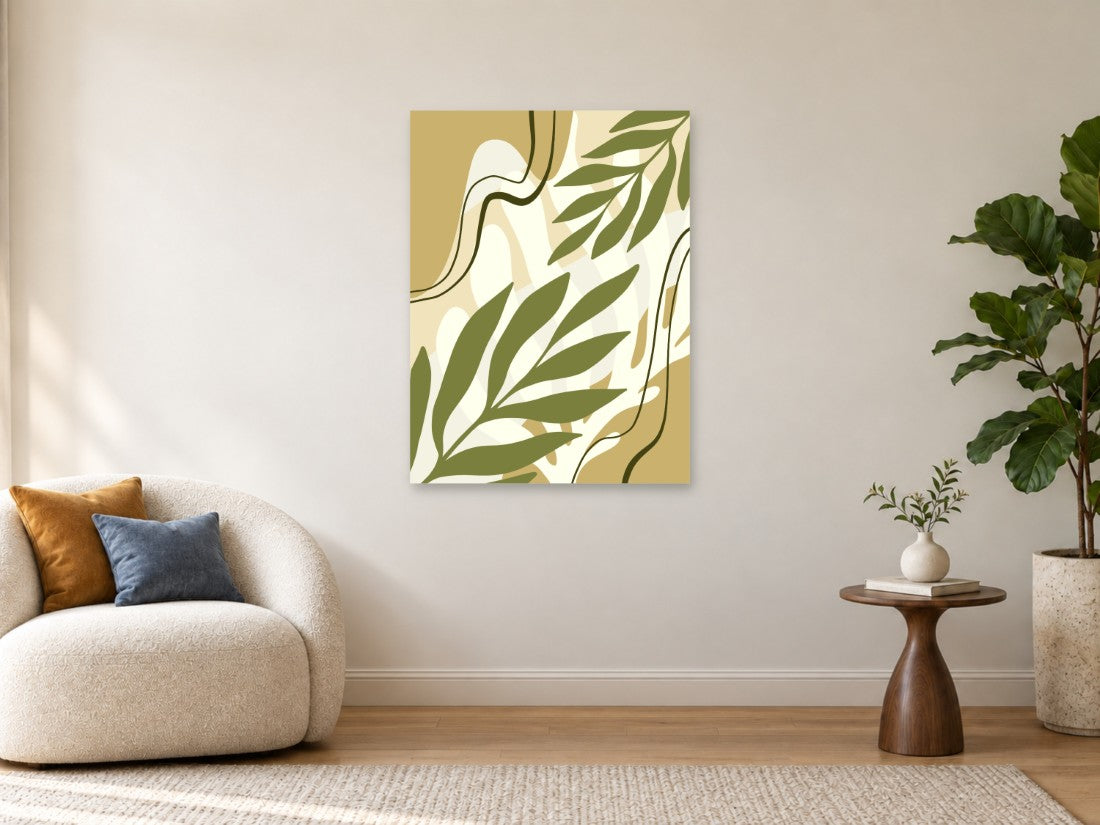 Maslinasti listovi i tanke krivulje na svijetloj podlozi — Velika 75 × 100 cm, prikaz slike na zidu u enterijeru.