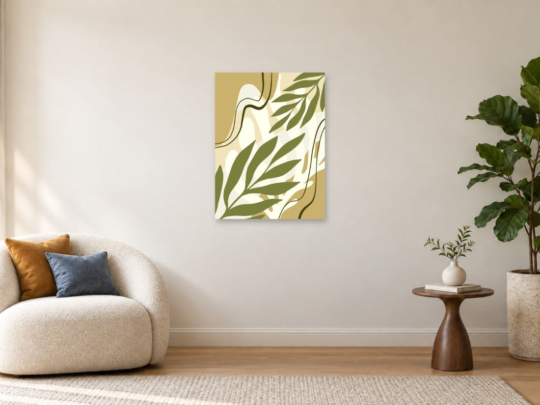 Maslinasti listovi i tanke krivulje na svijetloj podlozi — Srednja 60 × 80 cm, prikaz slike na zidu u enterijeru.