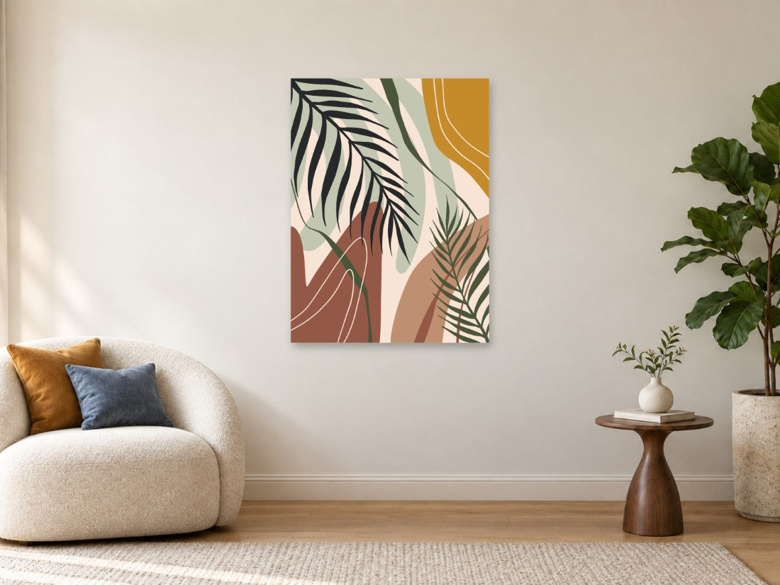 Palmine grane preko terakota, zelenih i oker ploha — Velika 75 × 100 cm, prikaz slike na zidu u enterijeru.