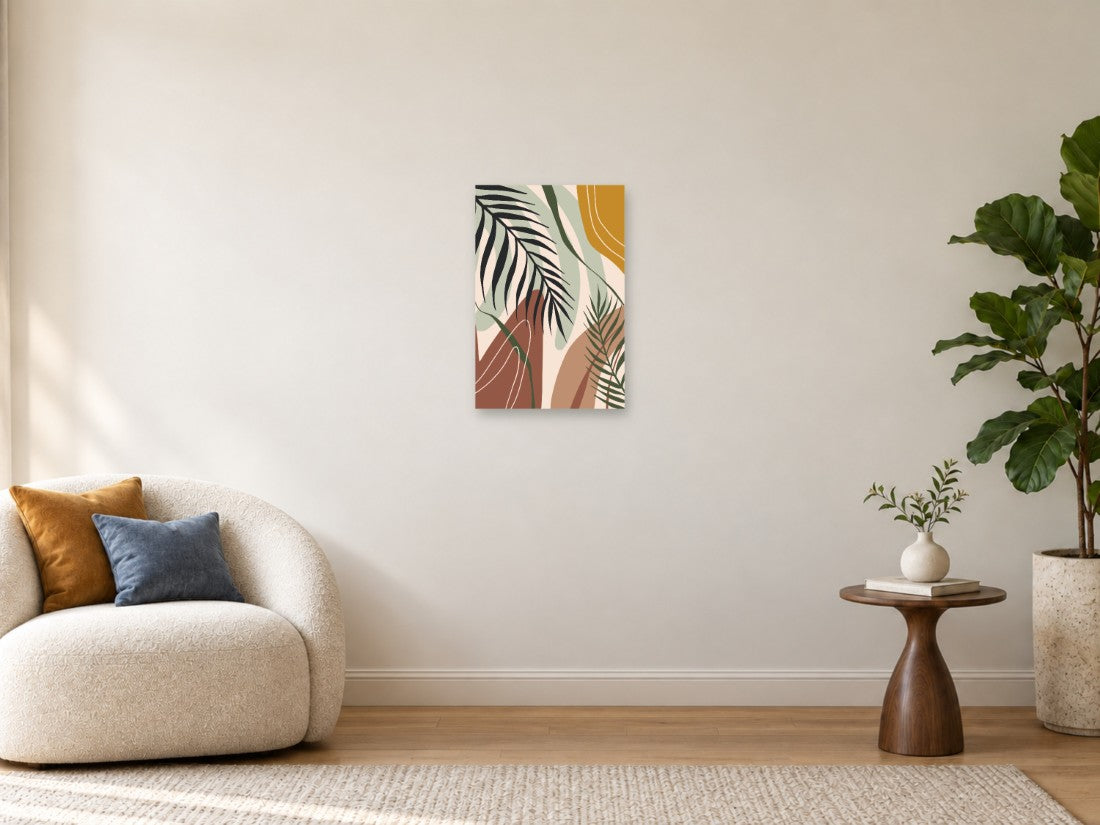 Palmine grane preko terakota, zelenih i oker ploha — Mala 40 × 60 cm, prikaz slike na zidu u enterijeru.