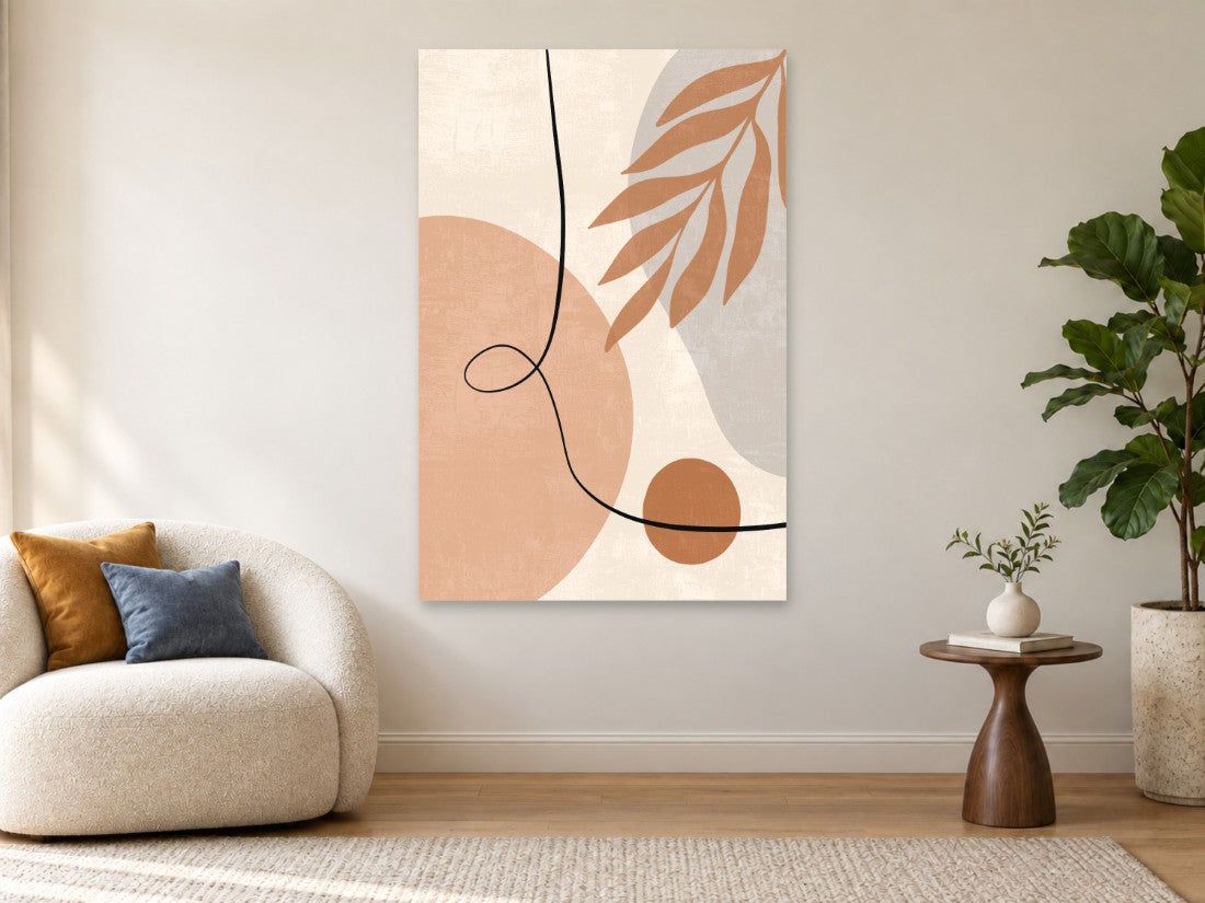 Crna krivulja uz smeđu grančicu i breskvaste plohe — Premium 90 × 135 cm, prikaz slike na zidu u enterijeru.
