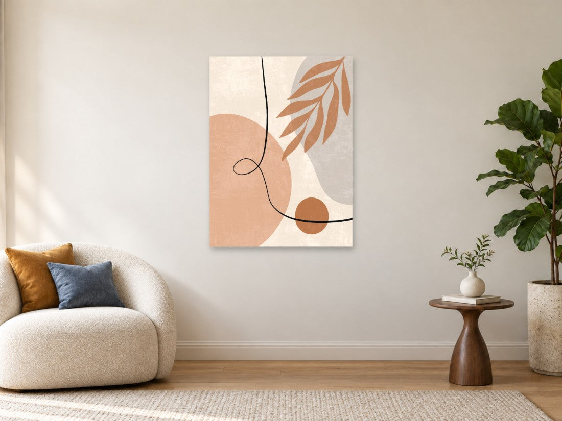 Crna krivulja uz smeđu grančicu i breskvaste plohe — Velika 75 × 100 cm, prikaz slike na zidu u enterijeru.