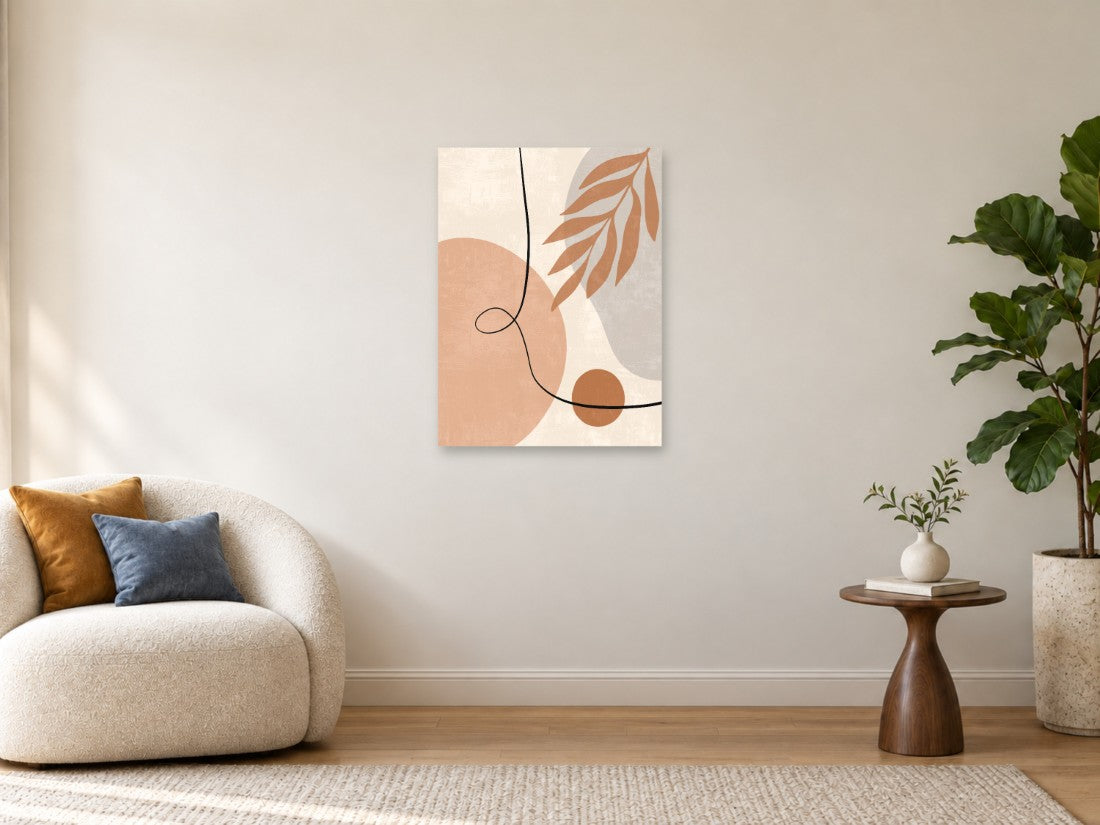 Crna krivulja uz smeđu grančicu i breskvaste plohe — Srednja 60 × 80 cm, prikaz slike na zidu u enterijeru.