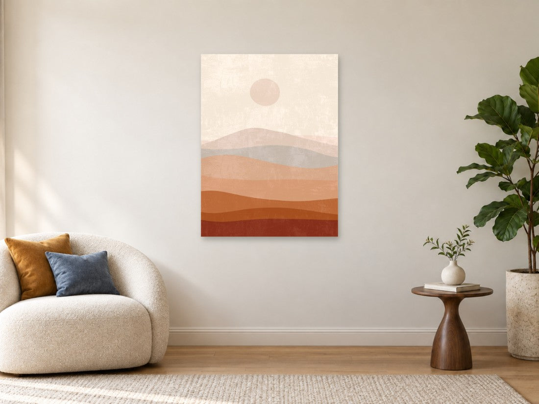 Slojeviti brežuljci u terakoti pod nježnim suncem — Velika 75 × 100 cm, prikaz slike na zidu u enterijeru.