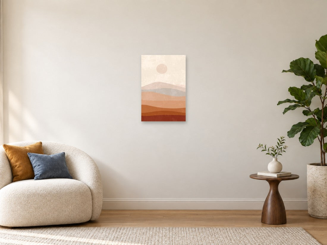 Slojeviti brežuljci u terakoti pod nježnim suncem — Mala 40 × 60 cm, prikaz slike na zidu u enterijeru.
