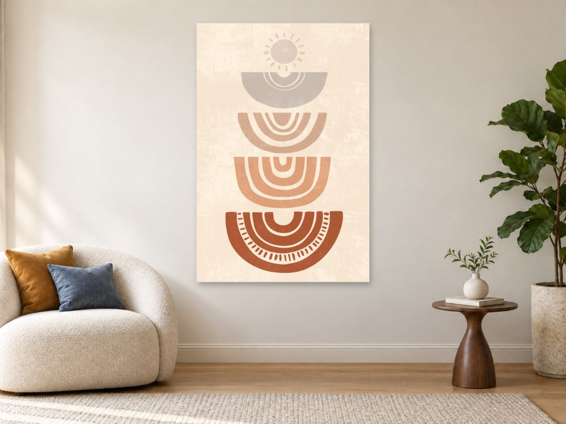 Ornamentirani polukrugovi u bež i terakota nijansama — Premium 90 × 135 cm, prikaz slike na zidu u enterijeru.