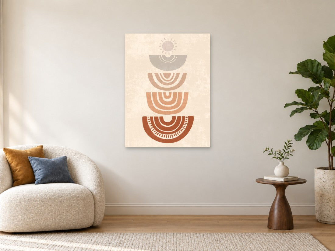 Ornamentirani polukrugovi u bež i terakota nijansama — Velika 75 × 100 cm, prikaz slike na zidu u enterijeru.