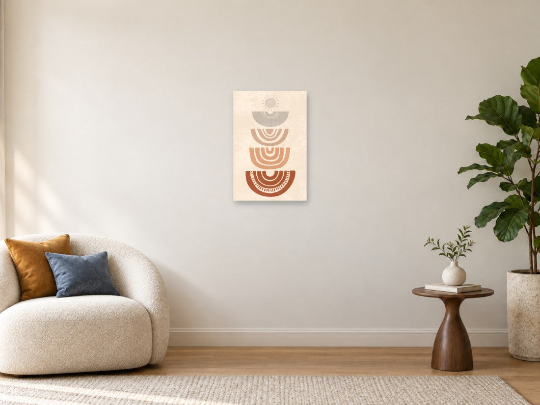 Ornamentirani polukrugovi u bež i terakota nijansama — Mala 40 × 60 cm, prikaz slike na zidu u enterijeru.