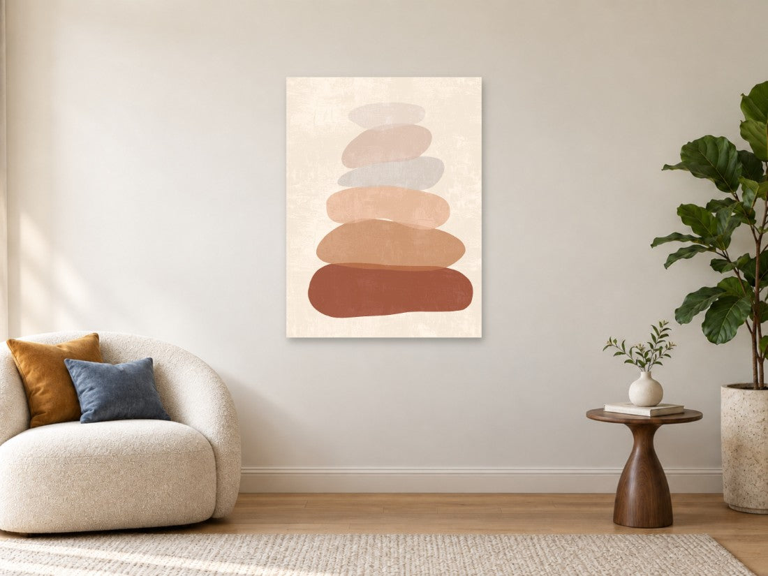 Naslagani oblici nalik kamenčićima u zemljanim bojama — Velika 75 × 100 cm, prikaz slike na zidu u enterijeru.