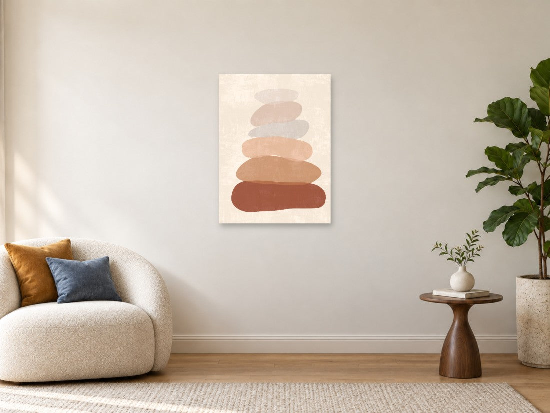 Naslagani oblici nalik kamenčićima u zemljanim bojama — Srednja 60 × 80 cm, prikaz slike na zidu u enterijeru.
