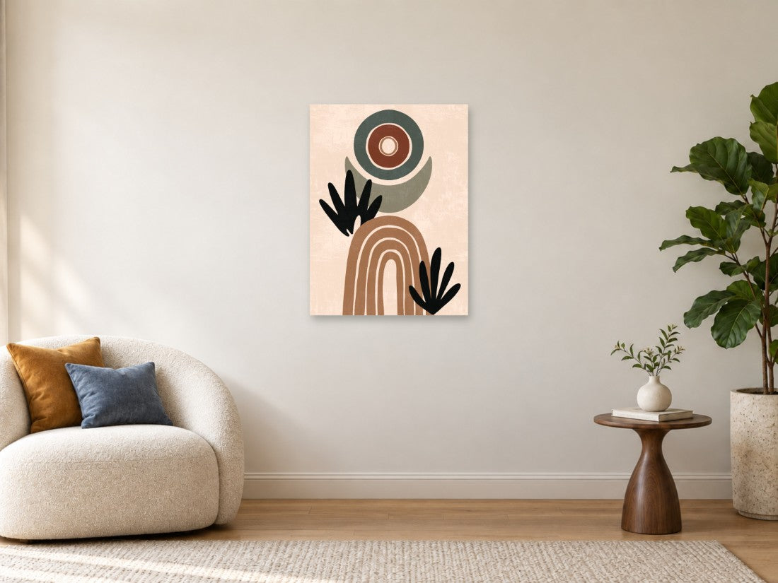 Smeđi krug, zeleni oblici i crni listovi uz luk — Srednja 60 × 80 cm, prikaz slike na zidu u enterijeru.