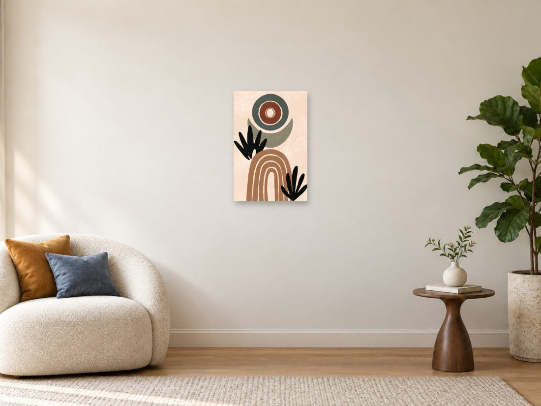 Smeđi krug, zeleni oblici i crni listovi uz luk — Mala 40 × 60 cm, prikaz slike na zidu u enterijeru.