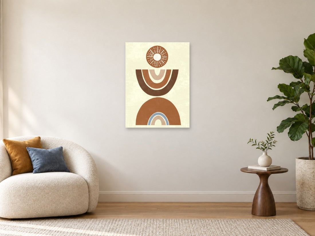 Zrakasti krug i smeđi polukrugovi s plavim detaljem — Srednja 60 × 80 cm, prikaz slike na zidu u enterijeru.
